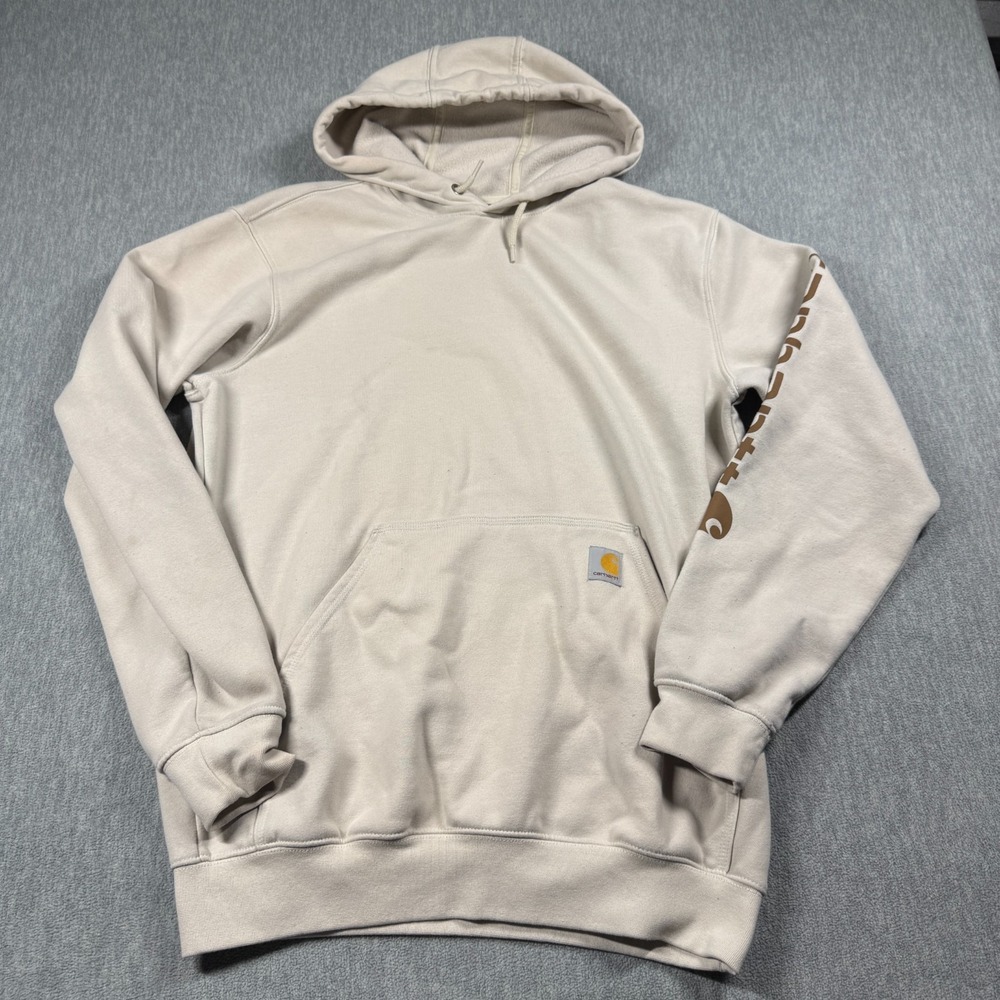 Carhartt Hoodie Men M Beige Loose Fit K122 Midweight Graphic Sleeve Logo Pullove